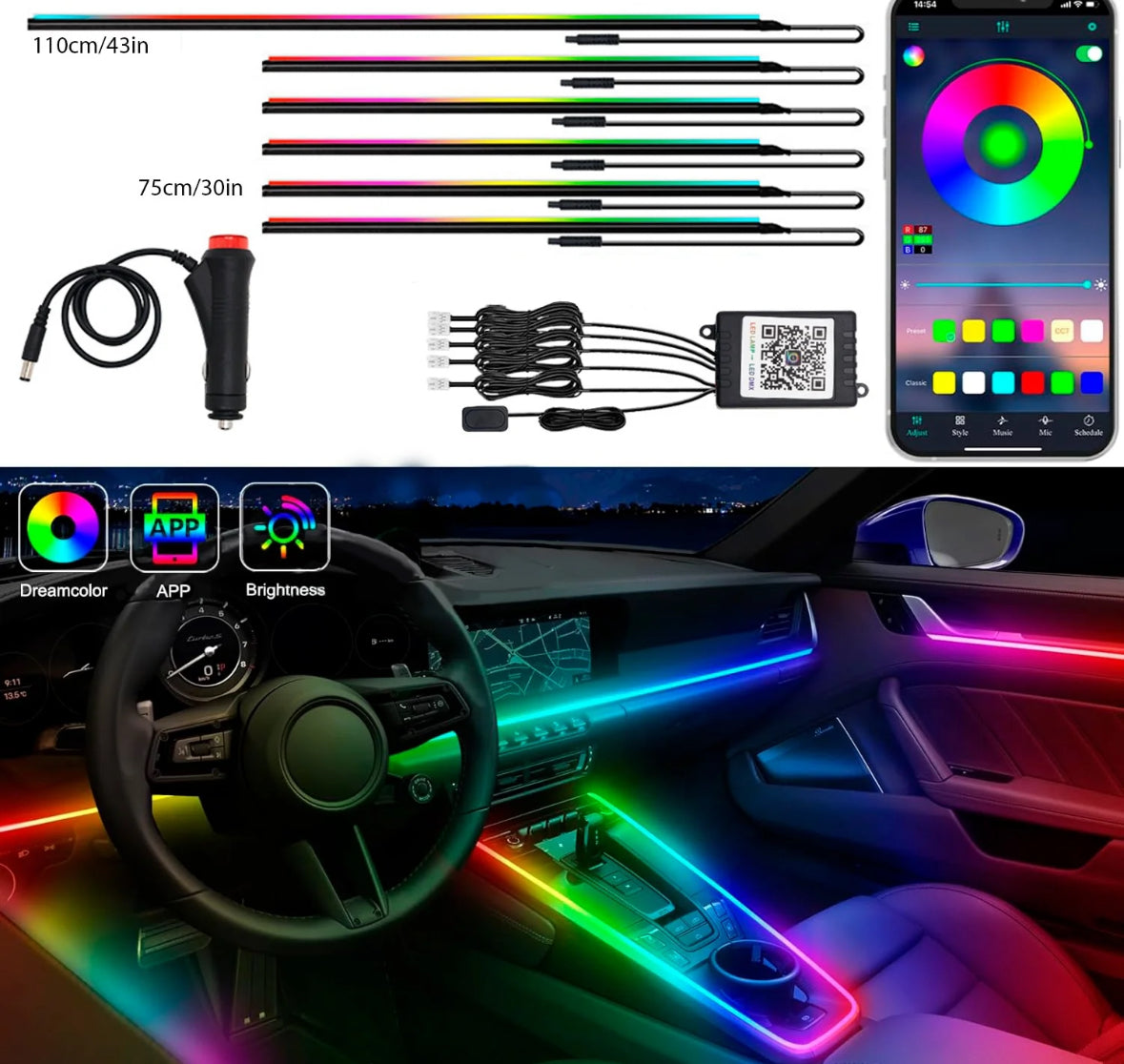 6-in-1 RGB Symphony Car Ambient Light - App-Controlled LED, 164 Colors