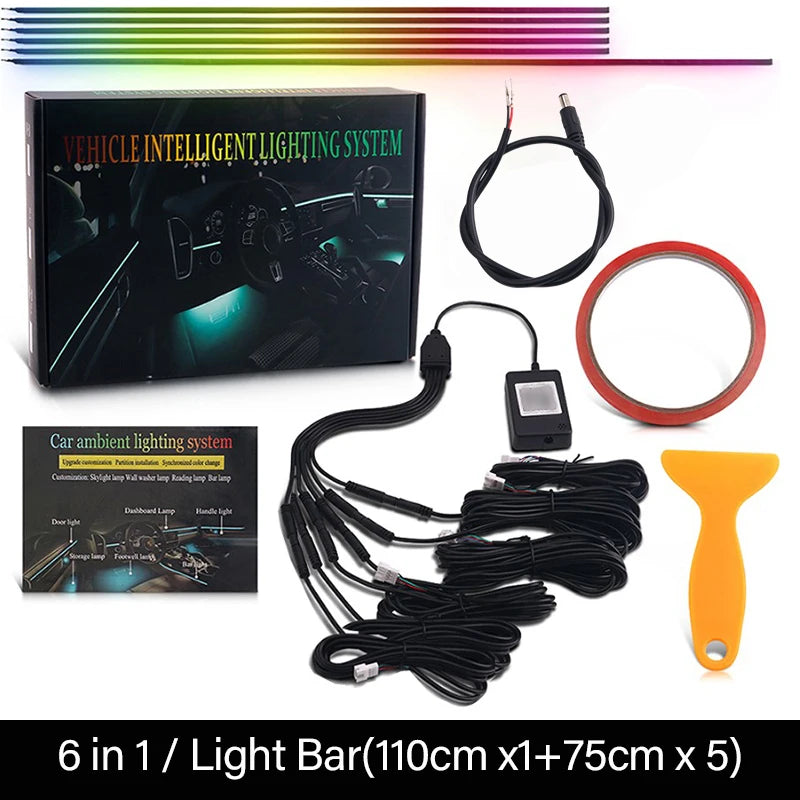 6-in-1 RGB Symphony Car Ambient Light - App-Controlled LED, 164 Colors