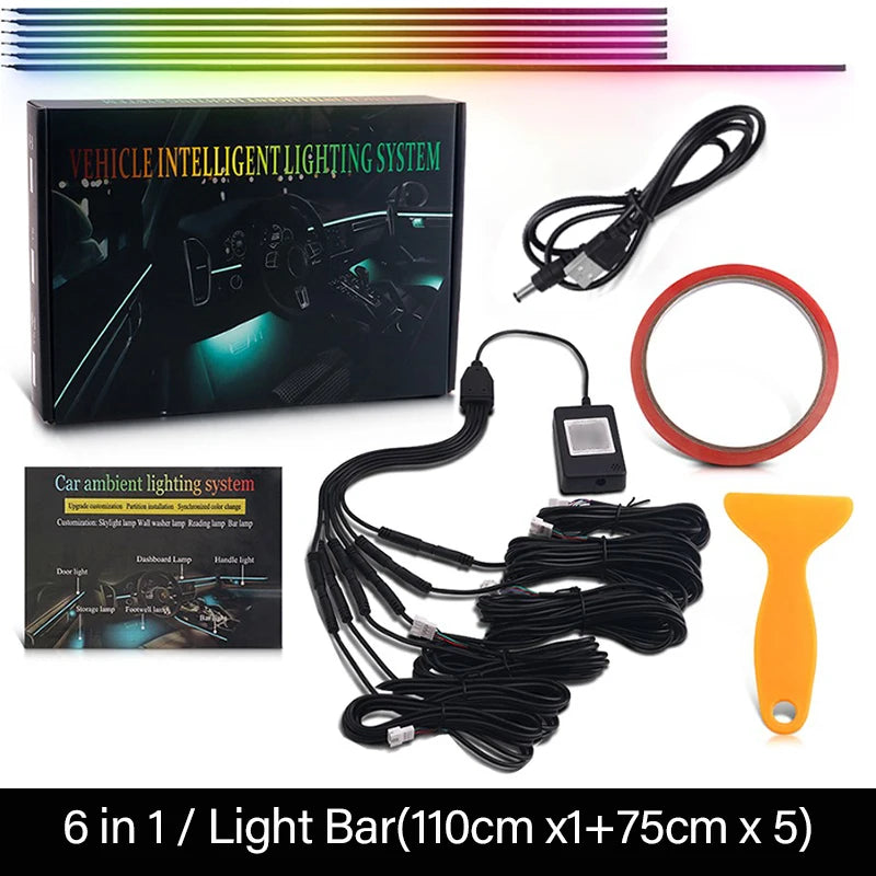 6-in-1 RGB Symphony Car Ambient Light - App-Controlled LED, 164 Colors