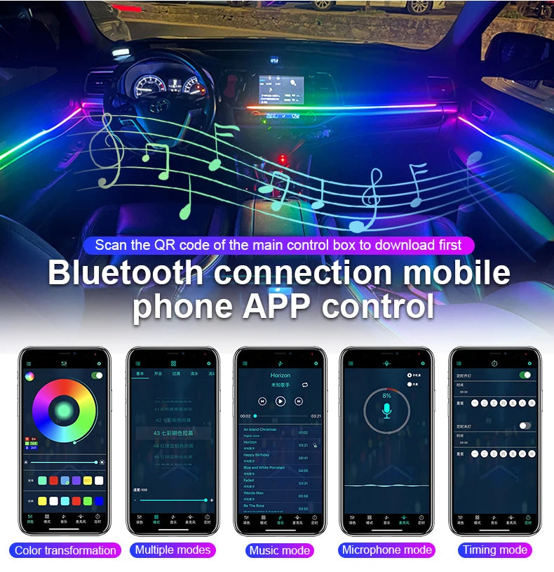 6-in-1 RGB Symphony Car Ambient Light - App-Controlled LED, 164 Colors