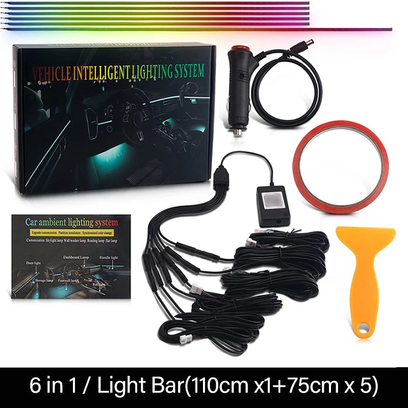 6-in-1 RGB Symphony Car Ambient Light - App-Controlled LED, 164 Colors