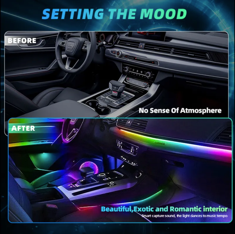 6-in-1 RGB Symphony Car Ambient Light - App-Controlled LED, 164 Colors